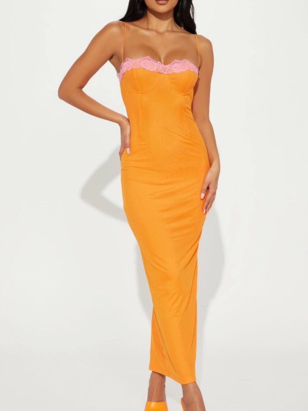 Fashion Nova Orange Slip Dress with Pink Lace Trim